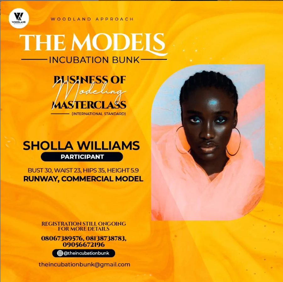Wood Land Approach - The Models Incubation Bunk - Business of Modelling - Master Class Boot Camp- SHOLLA WILLIAMS Participant - Measurement : Bust 30, Waist 23, Hips 35, Height 5.9 -RUNWAY COMMERCIAL MODEL