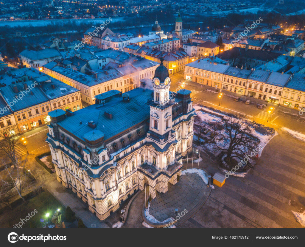 Nowy Sacz city hall at dawn. Nowy Sacz, Lesser Poland, Poland.