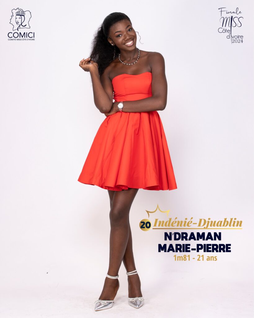 MissCi2024 Discover the candidate N°20 and appreciate her original look that reflects her personalityN'DRAMAN Marie-Pierre Miss Indénié-Djuablin 2024 1m81 - 21 years old Master 1 Communication