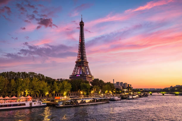 Paris, France - 1:Eiffel Tower in Paris under View over River Seine towards the iconic Eiffel Tower, River Seine, Champ de 7th Arrondissement, Paris, France