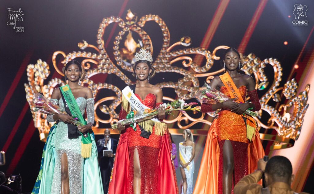Winner Miss Côte d'Ivoire - Diamala Marie-Emmanuelle, Candidate N°21 -  Miss Coulibaly Fatoumata 1.85m) as the First Runner-Up , Candidate N°10 - Konan Maulani 1.75m, Candidate No. 5, the Second Runner-Up