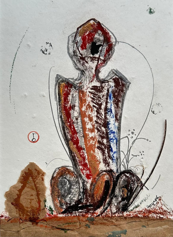 The Vill-Age Man, VP Vasuhan - INK, PASTEL, PENCIL, PAPER, SAND ​AND PEACOCK FEATHER ON PAPE