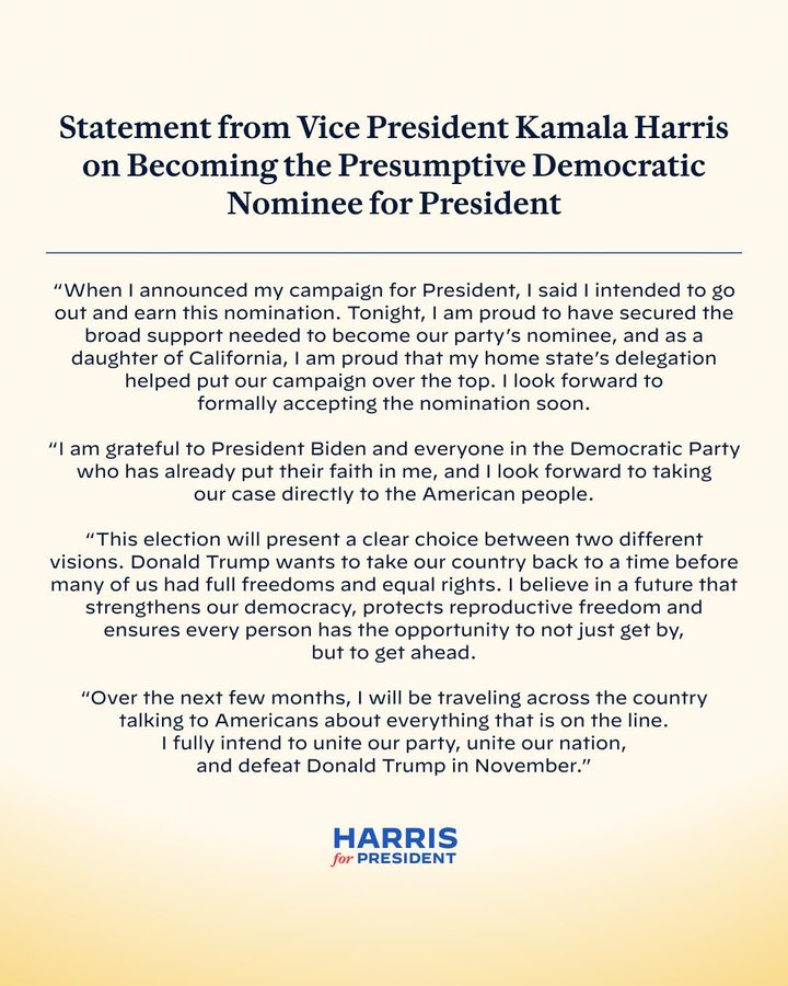 statement from Kalama HARRIS on becoming the Presumptive Democatic for President 2024