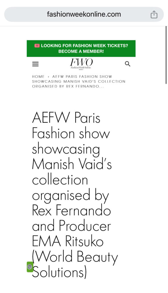 Vaid’s collection organised by Rex Fernando and Producer EMMA Ritsuko World Beauty Inovation - FWO Official Calendar during PFW AW25 FWO Calendar